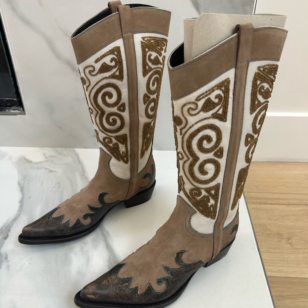 Tan and White Western Boots with Gold Beaded Accents